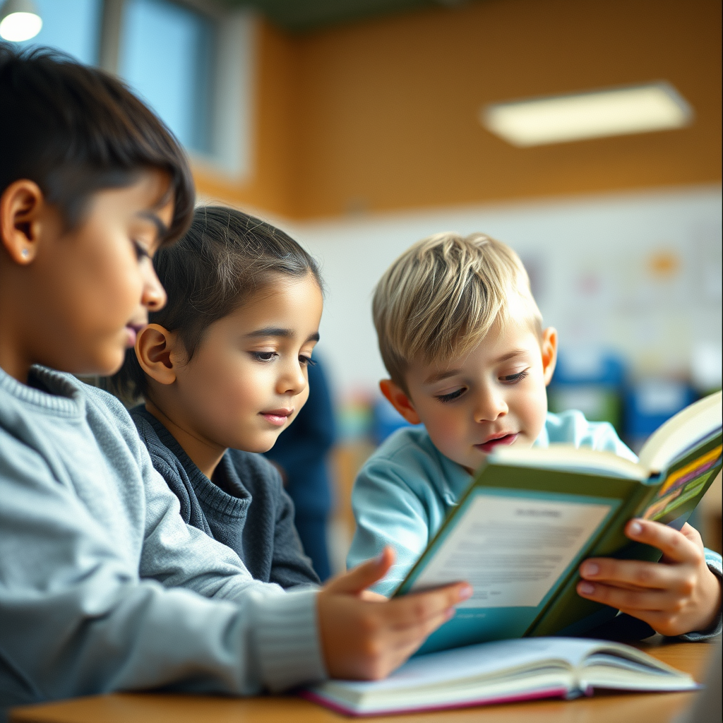 children getting help with reading by a teacher