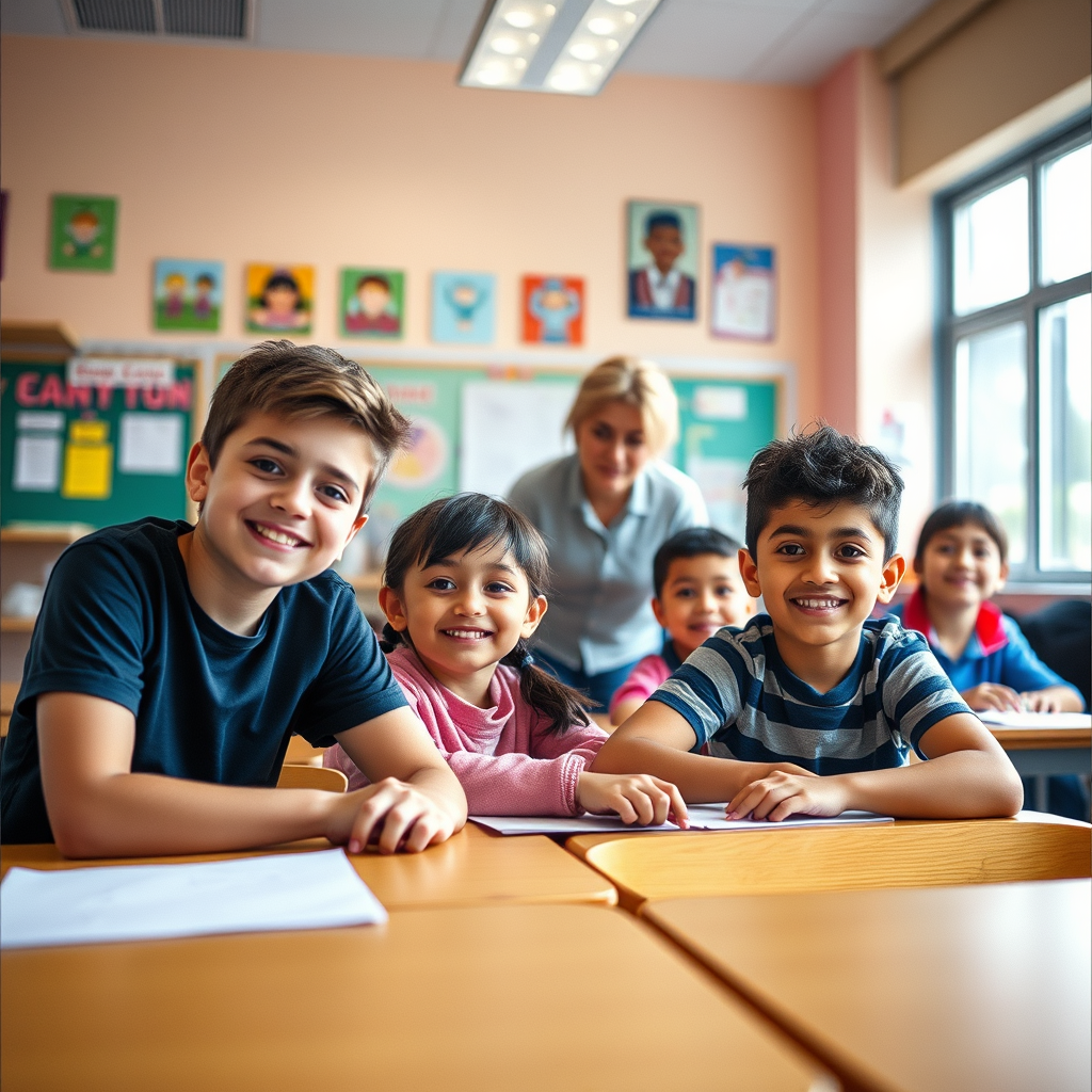 American students in a classroom with bright, fun colors and a helpful teacher