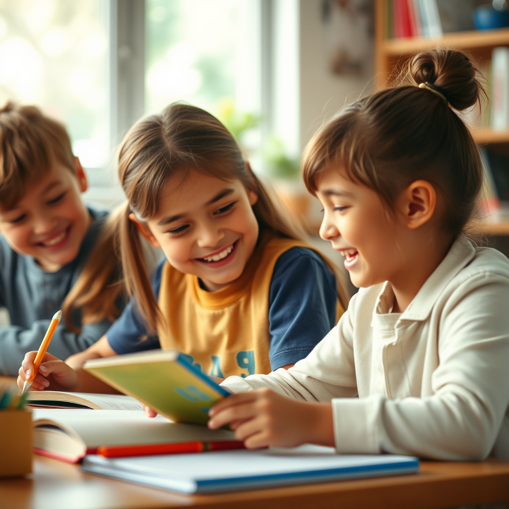 happy homeschool children, ages 8, 9, and 11, engaged in learning together, smiling and interacting in a positive and educational setting